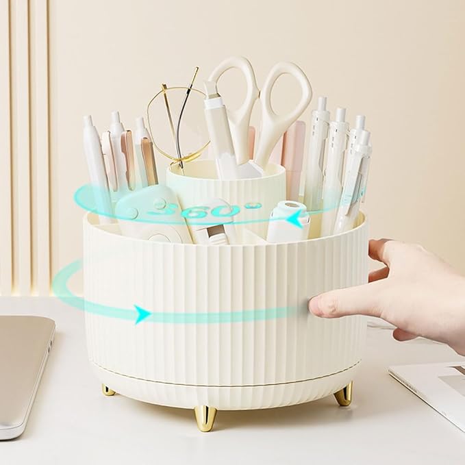 Desk Organizers and Accessories 7Pcs Set with 360-Degree Rotating Pen Holder, Acrylic Stapler, Tape Holder, Staple Remover, Binder/Paper Clips Kit, Scissor and 1 Box of Staples