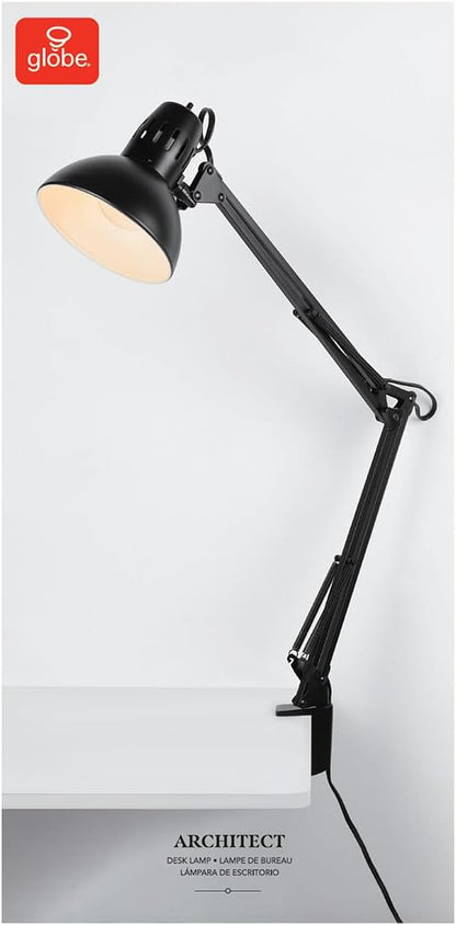 Globe Electric 56963 31.5" Multi-Joint Desk Lamp with Metal Clamp, Black, On/Off Rotary Switch on Shade, Partially Adjustable Swing Arm, Home Essentials, Reading Light, Office Décor