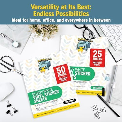 Premium Printable Vinyl Sticker Paper for Inkjet Printer 25 Sheets, 8.5"x11" - Glossy Sticker Paper Waterproof, Weatherproof - White Vinyl Sticker Sheets - Strong Adhesive, Laser Labels & Decals
