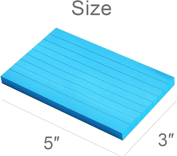 Lined Sticky Notes 3X5 in Bright Ruled Post Stickies Colorful Super Sticking Power Memo Pads Its Strong Adhesive, 6 Pads/Pack, 75 Sheets/pad