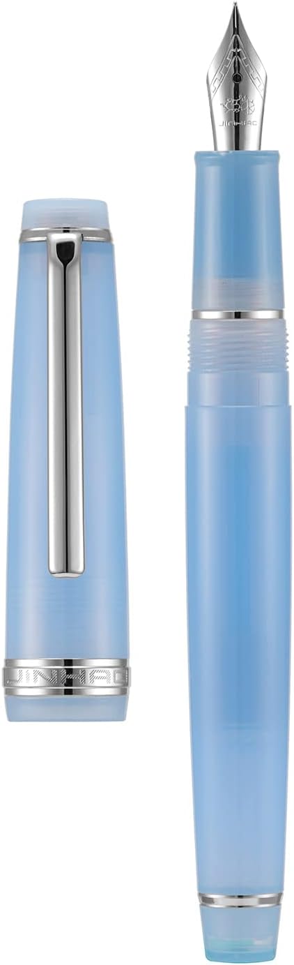 Jinhao 82 Acrylic Fountain Pen, Iridium Bent Nib with Ink Converter, Transparent Light Blue Classic Design Smooth Writing Pen (Silver Trim)