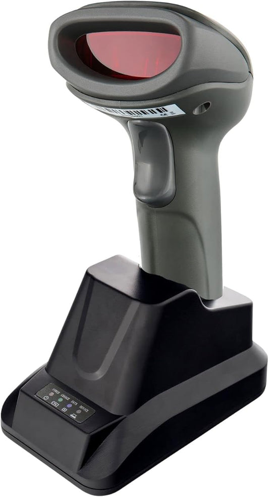 Wireless Barcode Scanner with USB Cradle Receiver Charging Base, 2.4GHz Handheld 1D Cordless Laser Barcode Reader, UP to 150Ft Transmission Range, long-life Battery 2200mAh, 1 Year Warranty.
