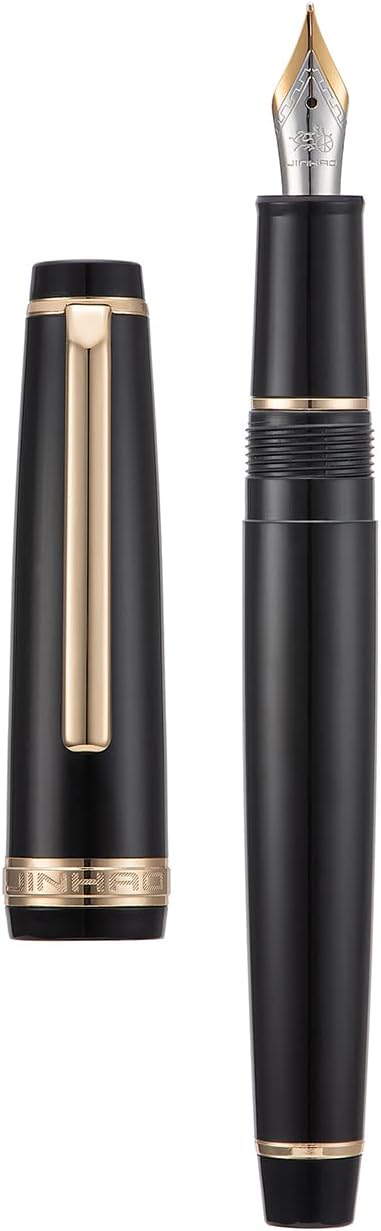 Jinhao 82 Black Acrylic Fountain Pen, Iridium Bent Nib Classic Design Smooth Writing Pen with Ink Converter (Gold Trim)