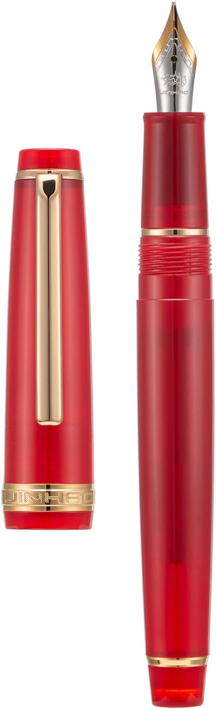 Jinhao 82 Acrylic Fountain Pen, Iridium Medium Nib with Ink Converter, Transparent Red Classic Design Smooth Writing Pen (Gold Trim)
