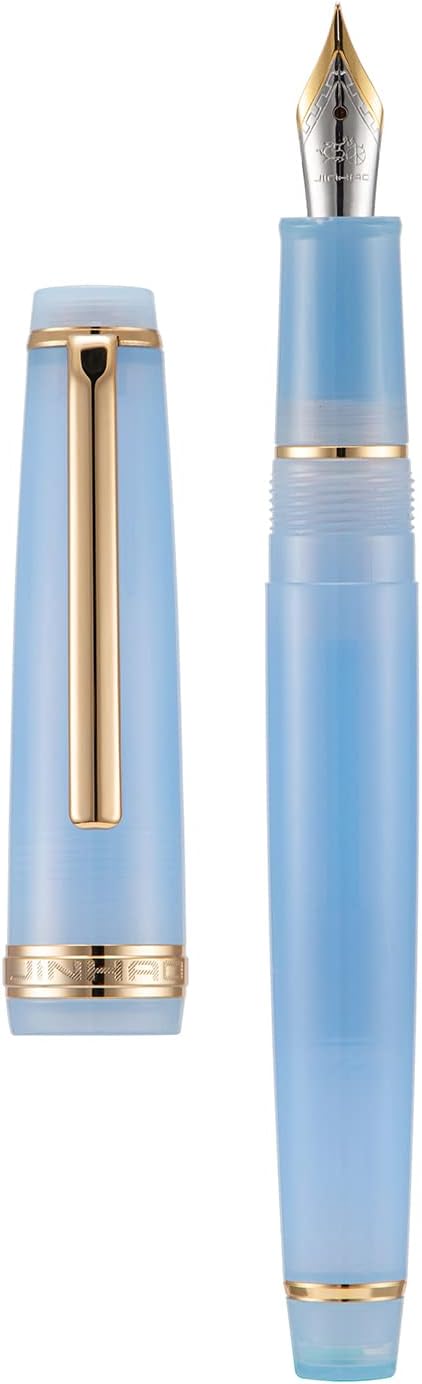 Jinhao 82 Acrylic Fountain Pen, Iridium Bent Nib with Ink Converter, Transparent Light Blue Classic Design Smooth Writing Pen (Gold Trim)