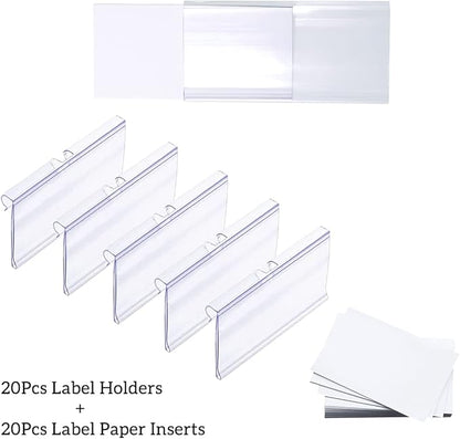 Diteje 20 Pack Plastic Wire Shelf Label Holder,Shelving Rack Retail Sign Hook Labels Clip On with Paper Inserts,2.36x1.50inch