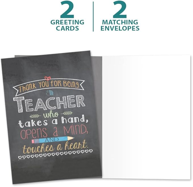 Tree-Free Greetings Teacher Appreciation Cards - Artful Designs - 2 Cards + Matching Envelopes - Made in USA - 100% Recycled Paper - 5"x7" - Lighthearted, For Teacher, Teacher Mind and Heart (GT64455)