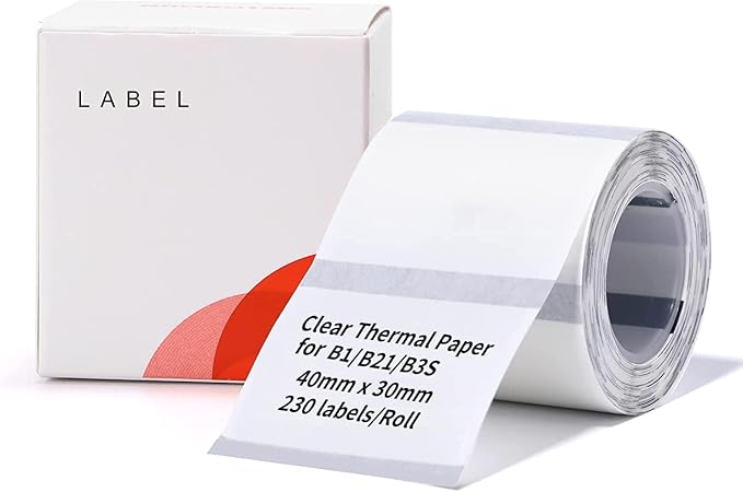 NIIMBOT Label Maker Tape, 1.57" x 1.18" (40×30 mm) Printer Sticker Paper with Self-Adhesive for B1/B21/B3S/K3 Label Maker,1 Roll of 230 (Clear)