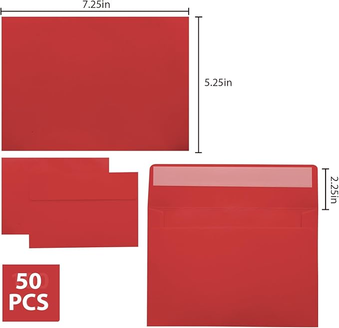50 sets of red A7 envelopes, 5x7 envelopes, 5x7 invitation envelopes, printable invitation envelopes, photos, postcards, greeting cards, Mail, Wedding self-sealing Envelopes (red)