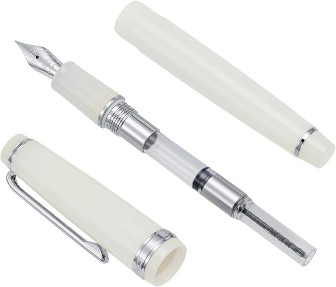 Jinhao 82 Acrylic Fountain Pen, Iridium Fine Nib with Ink Converter, Transparent Ivory White Classic Design Smooth Writing Pen (Silver Trim)