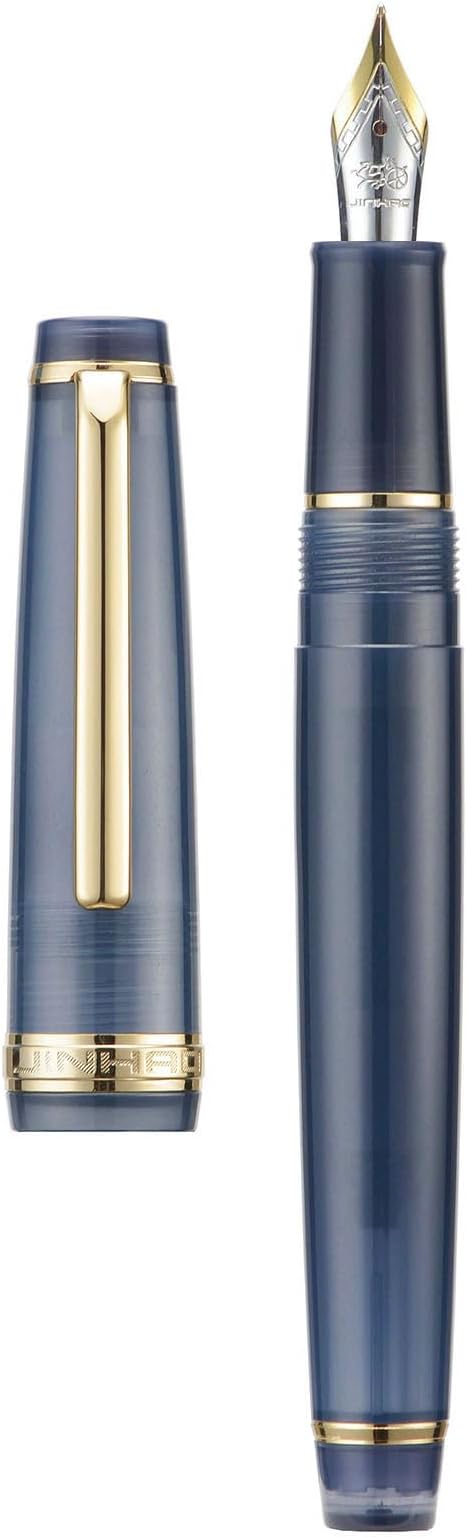Jinhao 82 Acrylic Fountain Pen, Iridium Fine Nib with Ink Converter, Transparent Dark Blue Classic Design Smooth Writing Pen (Gold Trim)