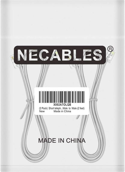 NECABLES 2Pack Phone Cord 2ft Telephone Cord Phone Cable RJ11 6P4C Male to Male for Landline Phone and Fax - 2 Feet