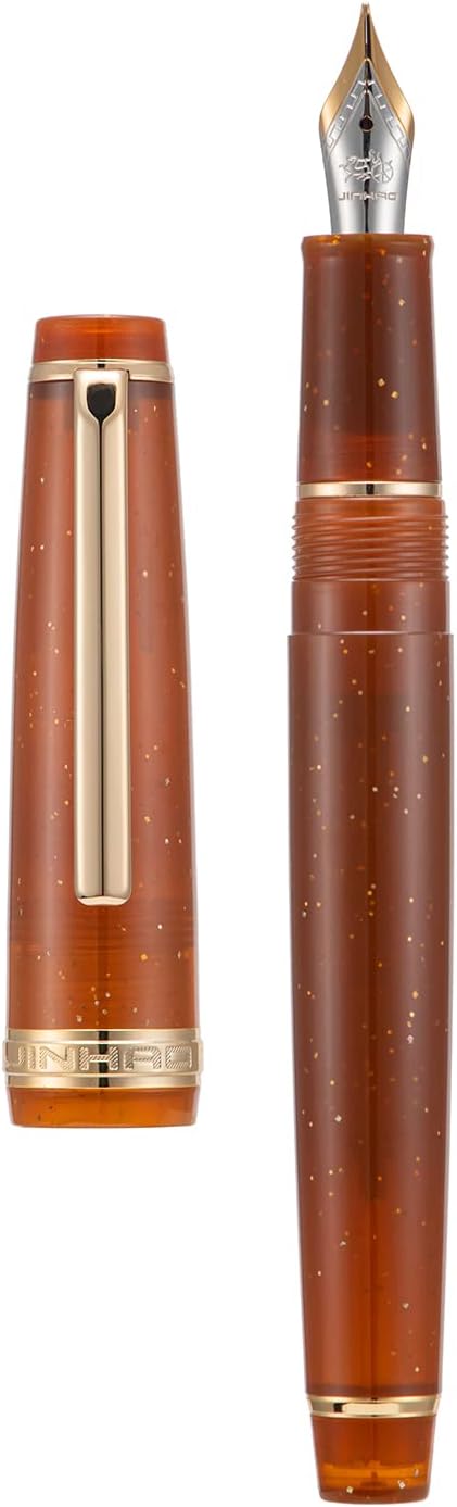 Jinhao 82 Acrylic Fountain Pen, Iridium Fine Nib with Ink Converter, Transparent Coffee Fluorescent Classic Design Smooth Writing Pen (Gold Trim)