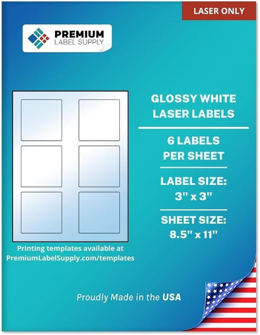 Premium Label Supply Glossy White Square Sticker Labels – 3" x 3" – (6 per Sheet) (Glossy White for Laser Only, 60 Labels)