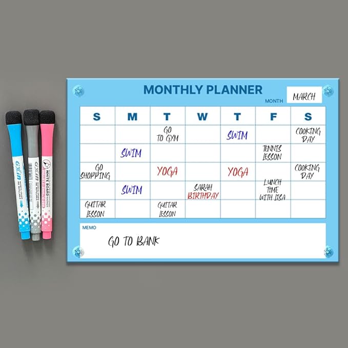 GEEKBEAR Dry Erase Refrigerator Calendar with 3 Markers - Attachable to Any Fridge with Special Suction Cups - Monthly and Weekly Designs, Acrylic - 15.7" x 10.6" (04. Modern Blue, Monthly)