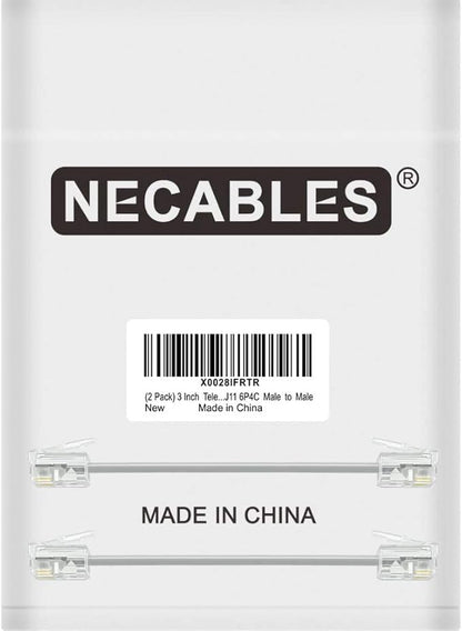 NECABLES 2Pack 3 Inch Short Telephone Cord Phone Cable Wall Phone Cord for Landline RJ11 6P4C Male to Male