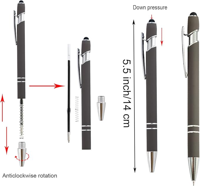 PASISIBICK 3.86 in Blue Ink Refills for Ballpoint Pen with Stylus Tip, Soft Touch Click Pen, 2 in 1 Metal Pens, Medium Point(Pack of 40)
