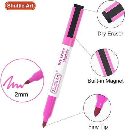 Shuttle Art Dry Erase Markers, 15 Colors Magnetic Whiteboard Markers with Erase,Fine Point Perfect For Writing on Whiteboards, Dry-Erase Boards,Mirrors for School Office Home