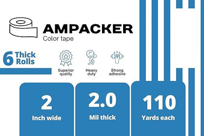 Heavy Duty Packaging Color Tape for Shipping,Packing and Moving 2" Wide x 2.0 Mil Thick -110 Yrd Roll -Acrylic Adhesive Tape for Box Sealing. (6 Rolls, Blue, 2" Wide x 110 yds)
