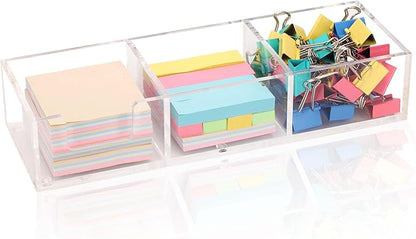 Acrylic 3in1 Sticky Note Holder Desk Organizer, 11.8" x 3.9" x 2.3" Self-Stick Memo Pad Dispenser for School Office Home Post Bank with 3 Compartments (DP003)