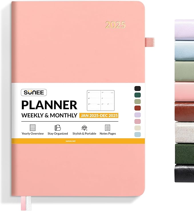 SUNEE 2025 Weekly & Monthly Hardcover Planner 5.5" x 8.3" - 12 Month (January 2025 - December 2025), Small Hardcover Planner, Pocket, Notes, 100 GSM Paper, Peach Pink