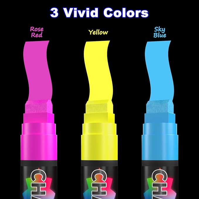 FansArriche Window Markers - 15mm Jumbo - 3 Pack of Neon Chalk Pens - Liquid Chalk Bright Car Markers, Chalkboard Markers for Windows, Blackboard, Glass, Signs, 3-in-1 nib