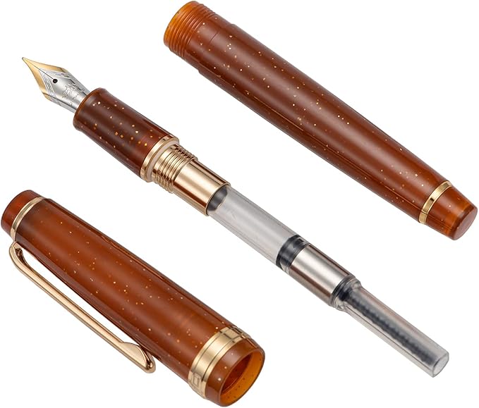Jinhao 82 Acrylic Fountain Pen, Iridium Fine Nib with Ink Converter, Transparent Coffee Fluorescent Classic Design Smooth Writing Pen (Gold Trim)