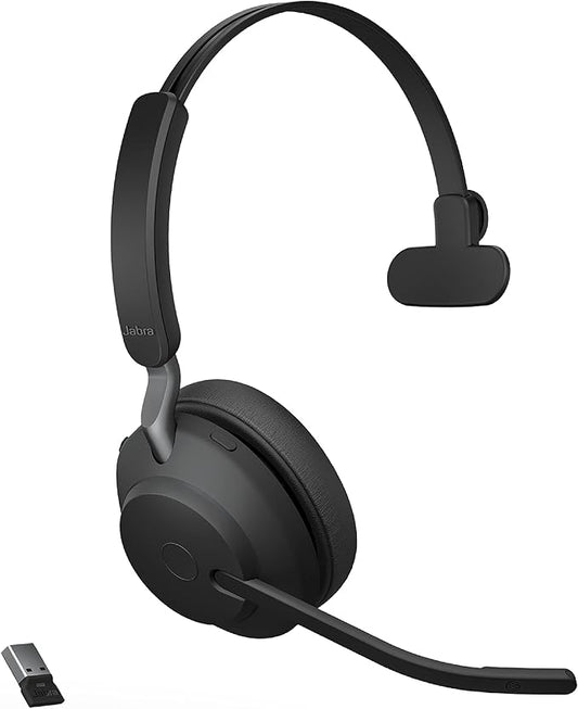 Jabra Evolve2 65 UC Wireless Headset with Link380a, Mono, Black – Wireless Bluetooth Headset for Calls and Music, 37 Hours of Battery Life, Passive Noise Cancelling Headphones