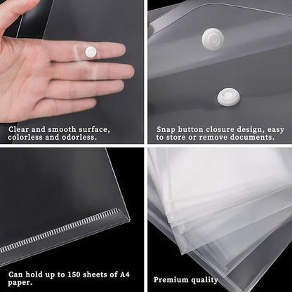 EOOUT 50pcs Plastic Envelopes with Button Snap Closure, Clear Plastic Poly Envelope, Folders for Documents, Waterproof Plastic File Folder, Letter Size, A4 Size, for School and Office Supplies