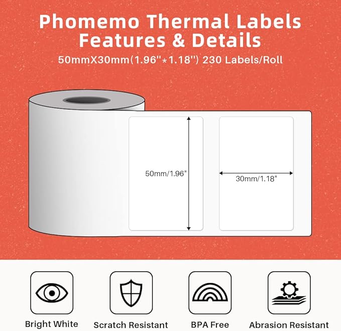 Phomemo Thermal Sticker Label Paper for M120/M110/M220/M221/M150 Label Maker Machine, Multi-Purpose Self-Adhesive Tag 1.96'' x 1.18"(50X 30mm), 230 Labels/Roll,Black on White