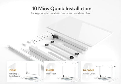 Glass Standing Desk, Small Electric Standing Desk Adjustable Height, 40 Inch Adjustable Stand Up Desk, Quick Install Home Office Computer Desk, Super White