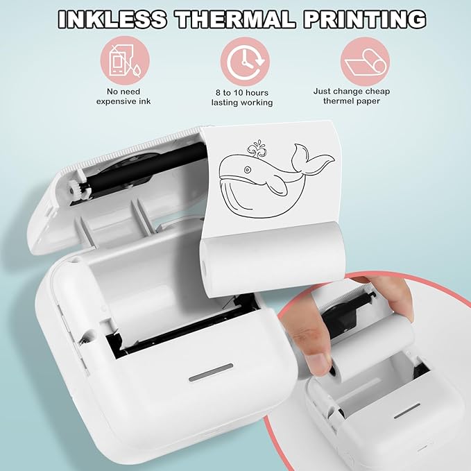 Mini Thermal Printer, Inkless Sticker Printer with 10 Rolls Printing Paper for Android or iOS APP, Portable Bluetooth Printer, Mini Pocket Printer for Journal, Notes, Kids Gift, Receipts