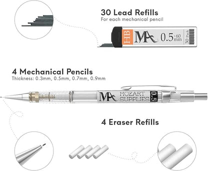 MozArt Mechanical Pencil Set with Case - 4 Sizes: 0.3, 0.5, 0.7 & 0.9mm with 30 HB Lead Refills Each & 4 Eraser Refills -Sketch, Drafting, Art, Drawing Supplies (Clear)