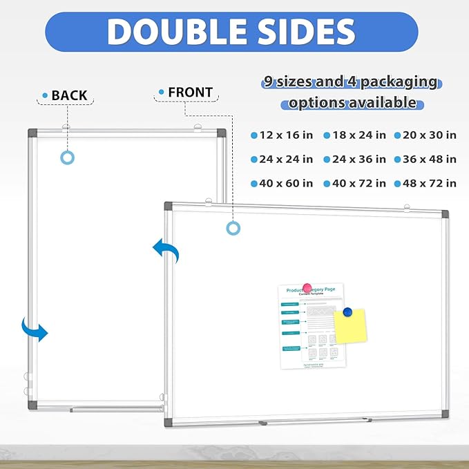 WALGLASS Double-Sided White Board, 24" x 18" Dry Erase Board Magnetic Whiteboard for Wall, Hanging Mounted Whiteboard Silver Aluminium Frame for Home, School, Office, Kitchen