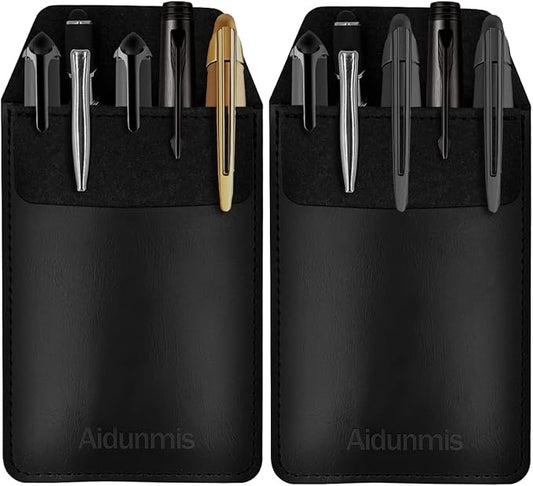 Pen Pocket Protector, 2 Pieces PU Leather Pocket Pen Holder Organizer Pouch for Shirts Lab Coats Pants Pen Sleeve - Multi-Purpose Pen Pocket Holds Pens Pointers Pencils and Notes Card - Black