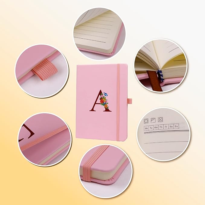 Pink Notebook for Women, 5.7"X8.3" A5 Journal Notebook with Letter L, Dual-Sided Writing Notebook with Dividers, Cute Leather Journal for Work, Business, School, Meetings, Travelers, Small Notebook