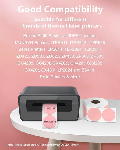 Hybsk 2 inch Circle Color Direct Thermal Stickers Shipping Labels for Barcodes,Name Tag,DIY Logo Design,QR Code,Inventory– Compatible with Zebra,Rollo,Munbyn,and More-750 pcs (2 inch,Pink)