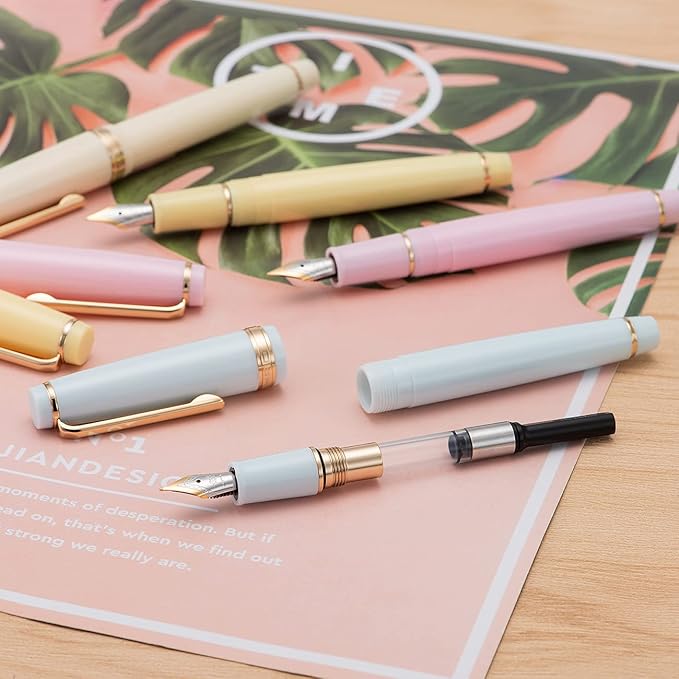 Jinhao 82 Ivory White Acrylic Fountain Pen, Iridium Medium Nib Classic Design Smooth Writing Pen with Ink Converter (Gold Trim)