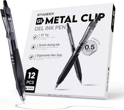 12 Pack Black Gel Pens, Quick Dry Black Ink Pens, 0.5mm Fine Point Retractable Smooth Writing Pens for Journaling, Writing, Business Gel Pen for Office School & Home Supplies(Black)