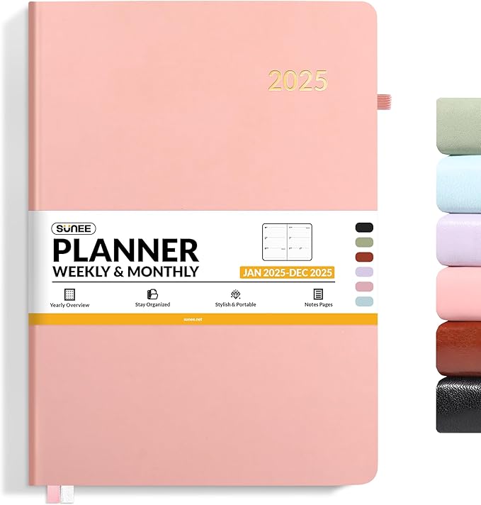 SUNEE 2025 Weekly & Monthly Hardcover Planner 8" x 11" - 12 Month (January 2025 - December 2025), Small Hardcover Planner, Pocket, Notes, 100 GSM Paper, Peach Pink
