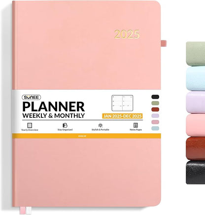 SUNEE 2025 Weekly & Monthly Hardcover Planner 8" x 11" - 12 Month (January 2025 - December 2025), Small Hardcover Planner, Pocket, Notes, 100 GSM Paper, Peach Pink