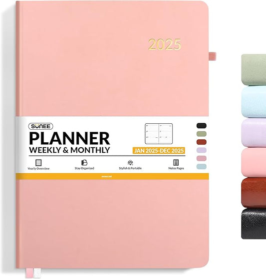 SUNEE 2025 Weekly & Monthly Hardcover Planner 8" x 11" - 12 Month (January 2025 - December 2025), Small Hardcover Planner, Pocket, Notes, 100 GSM Paper, Peach Pink
