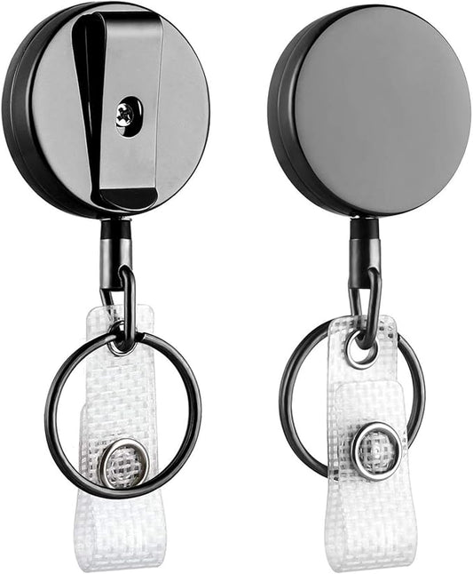 Will Well ID Badge Holder Reel with Clip and Keyring - Heavy-Duty All-Metal Casing with 24.4" UHMWPE Fiber Pull Cord for Easy Access, Holds up to 8 Keys - 2-Pack, Small Round, Glossy Black