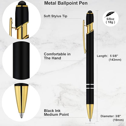 LINFANC 12 Pack Black Gold Ballpoint Pen with Stylus Tip, 1.0 mm Black Ink Smooth Writing Pens, Metal Stylus Pens for Touch Screens