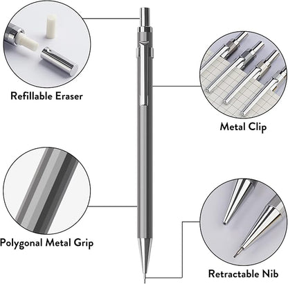 Four Candies 0.5mm Mechanical Pencil Set with Case - 4PCS Metal Mechanical Pencils, 8 Tubes HB #2 Lead Refills, 3PCS 4B Erasers and 9PCS Eraser Refills, Lead Mechanical Pencils for Writing & Drawing