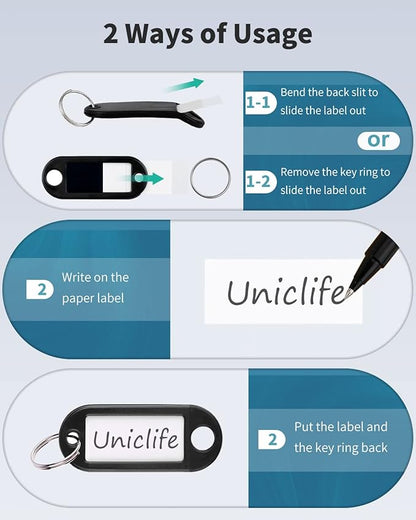 Uniclife 40 Pieces Key Tags 2 Inch Soft Plastic Key Chain Tags with Blank Paper Labels Clear Windows Protective Films and Split Rings Flexible Item Identifiers, Black
