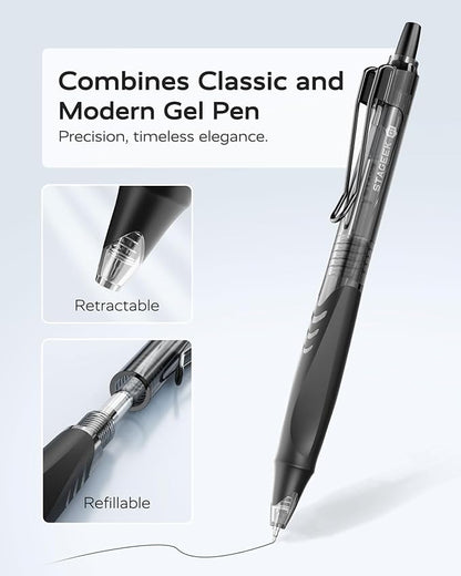 12 Pack Black Gel Pens, Quick Dry Black Ink Pens, 0.5mm Fine Point Retractable Smooth Writing Pens for Journaling, Writing, Business Gel Pen for Office School & Home Supplies(Black)