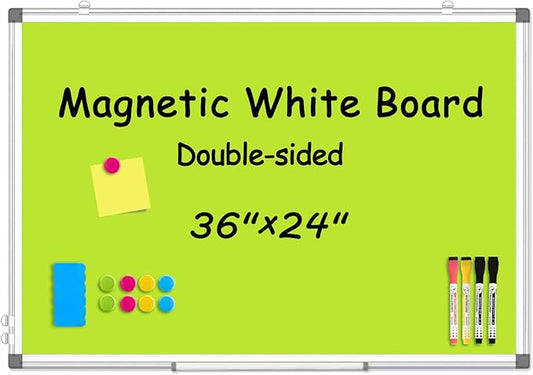 WALGLASS Magnetic Whiteboard 36"x24" Dry Erase White Board for Walls with Pen Tray, Aluminium Frame and Dry-Wipe Writing Surface for Kids' Drawing, Home, and Office (Green)