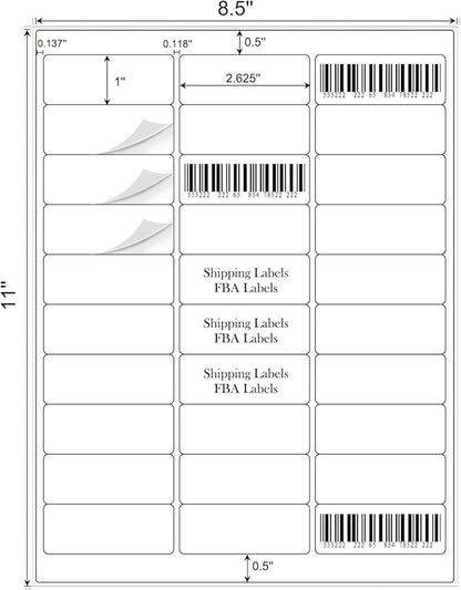 1" x 2-5/8" Address Labels 3000 Labels Sticker Paper for Laser/Ink Jet Printer mailing Labels 8.5"×11" White 30 per Sheet