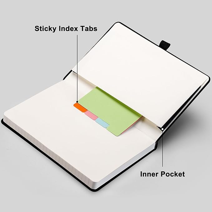 RETTACY Journaling Notebooks, A5 Lined Journal Notebook with 192 Numbered Pages, 5.7'' × 8.3'' Medium Size, for Writing, Work, Office, Leather Hardcover, 100 GSM Thick Paper (Black)